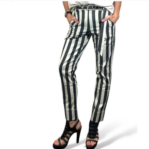 NWT Black Striped High Rise Belted Ankle Pants Size M - Picture 3 of 12